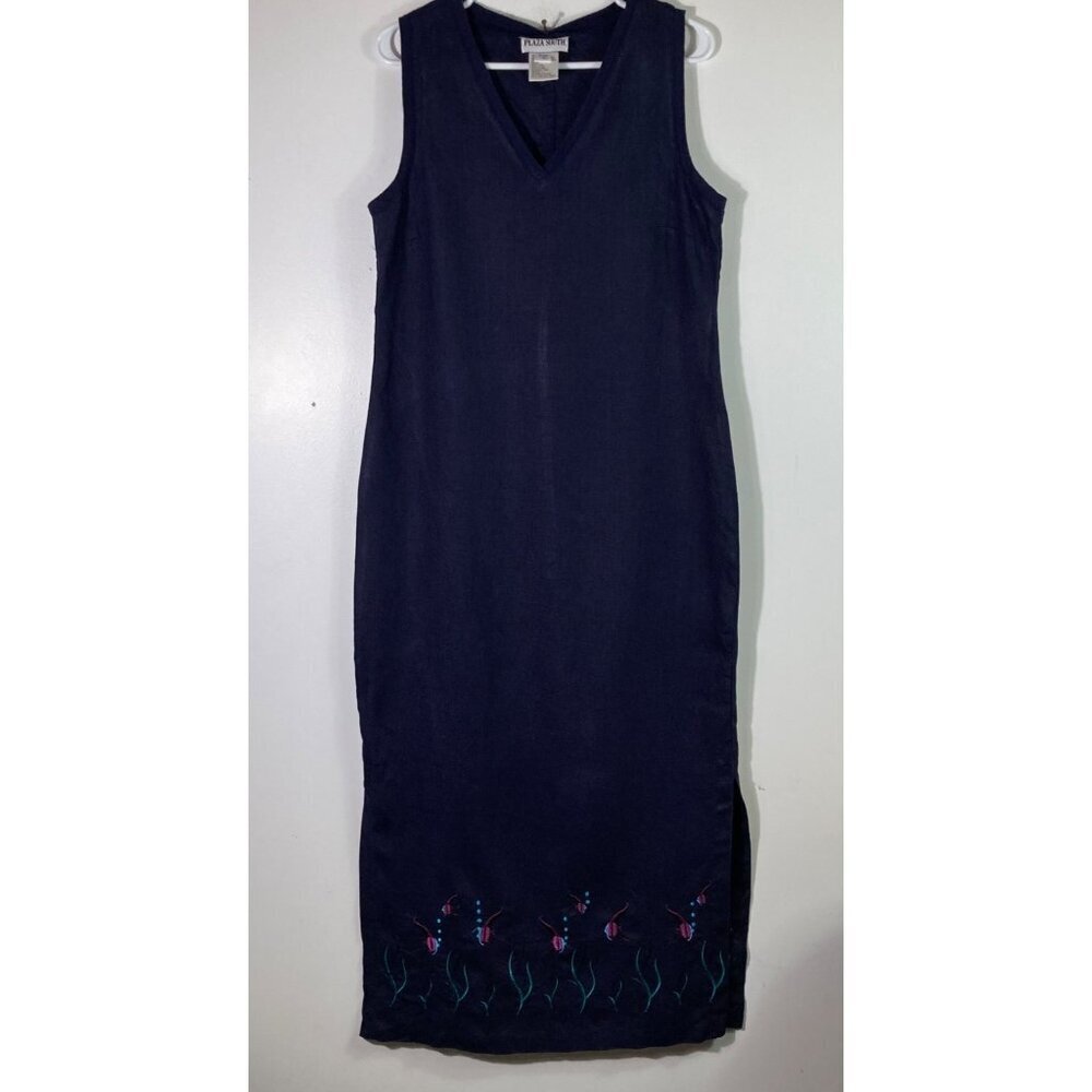 Womens Vintage Plaza South Linen Maxi Sleeveless Embroidered Betta Fish Navy 8